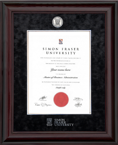 Glossy mahogany finish frame with black velvet, SFU custom medallion and silver embossed SFU logo